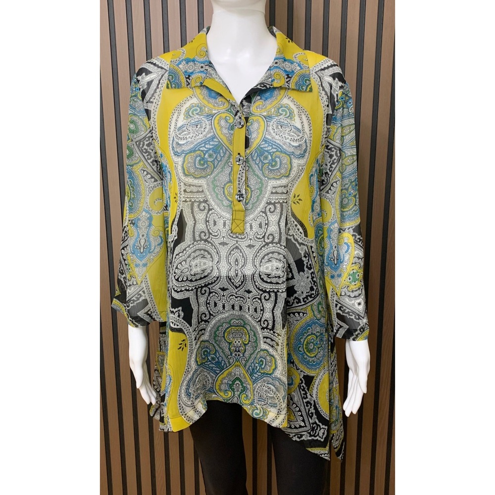 Alfani Women's Yellow Paisley Sheer Tunic Blouse Size 16 3/4 Sleeve Lagenlook